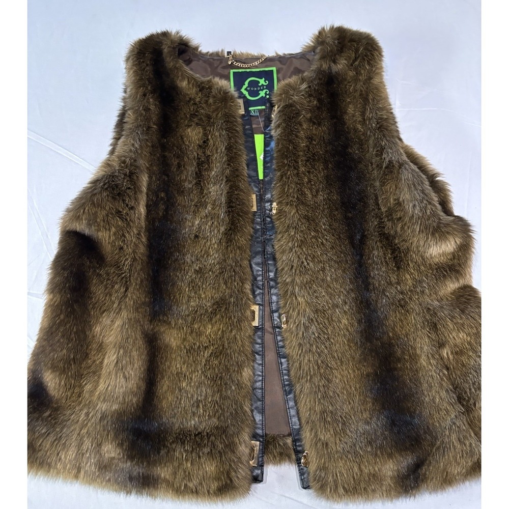 VTG C Wonder Brown Faux Fur Vest Black Panel Gold Hardware NWT   Size XL